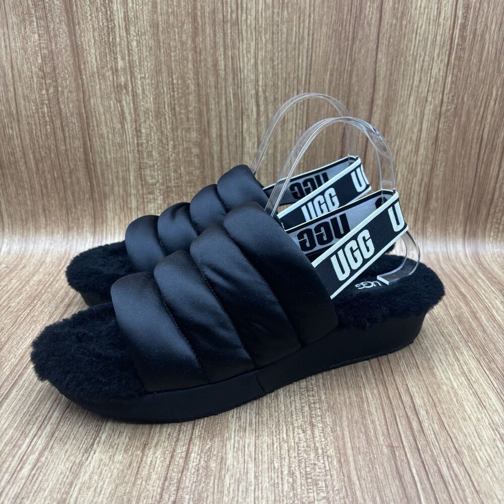 UGG Puff Yeah Sliders Women’s Size 9 Furry lined‎ Sandals Black Shoes - Picture 4 of 8